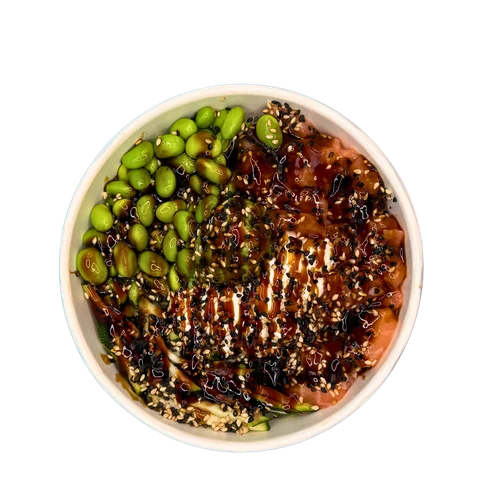 Poke bowl con salmone, edamame, salsa teriyaki e sesamo