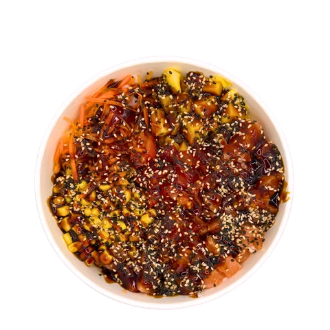 Poke bowl con salsa spicy, mais e sesamo